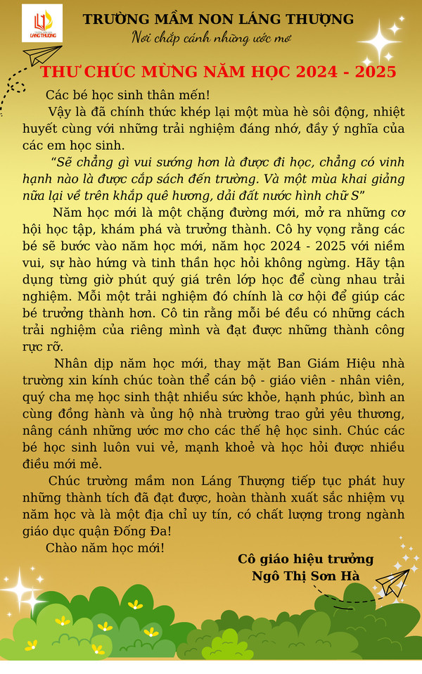 THƯ CHÚC MỪNG NĂM HỌC 2024 - 2025 